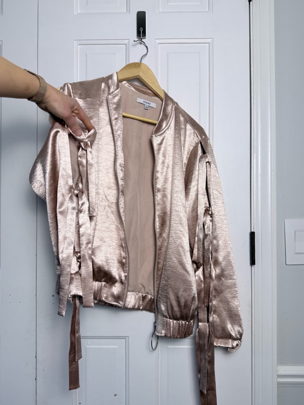 Satin Rose Gold Bomber Jacket with Ribbon Details